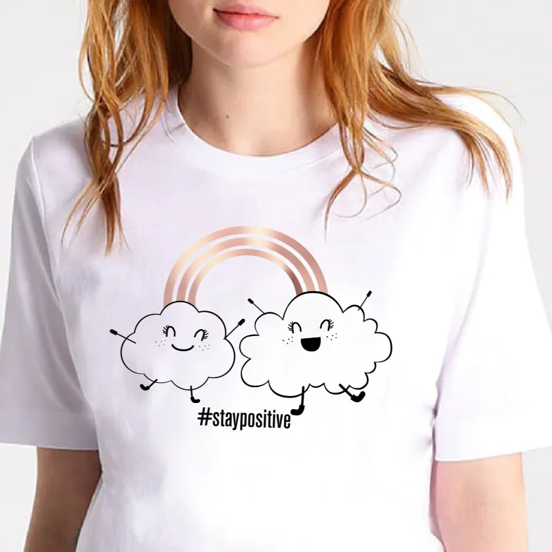 Stay Positive Women's T-shirt | Rose Gold Rainbow with Happy Clouds Top