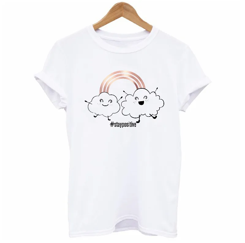 Stay Positive Women's T-shirt | Rose Gold Rainbow with Happy Clouds Top