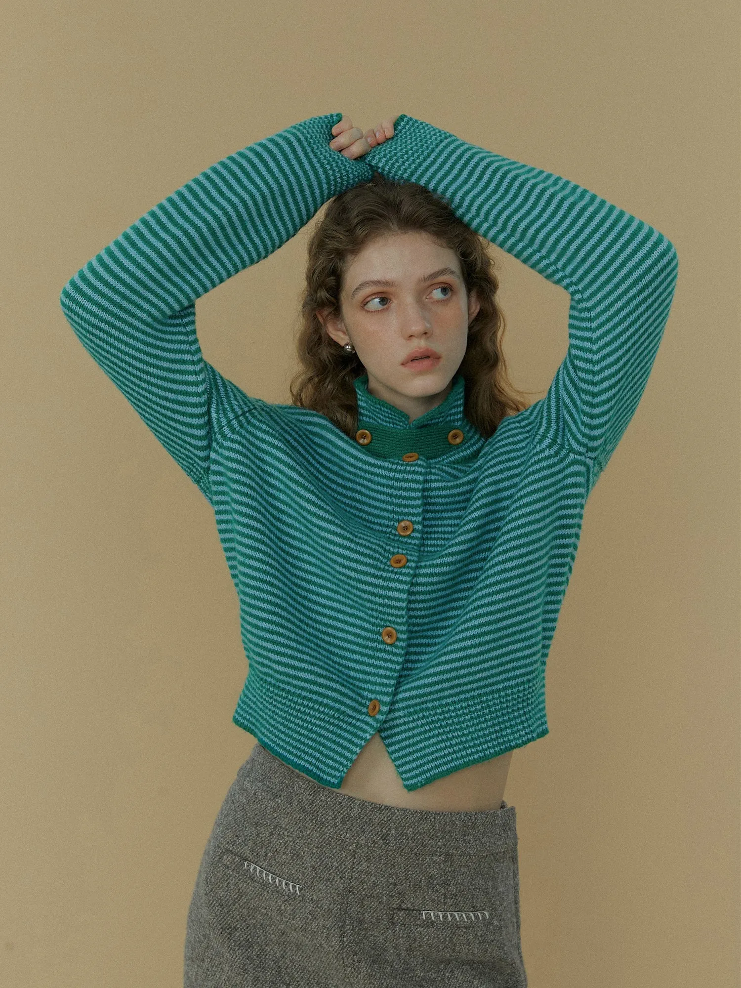 Striped Stand Collar Cardigan