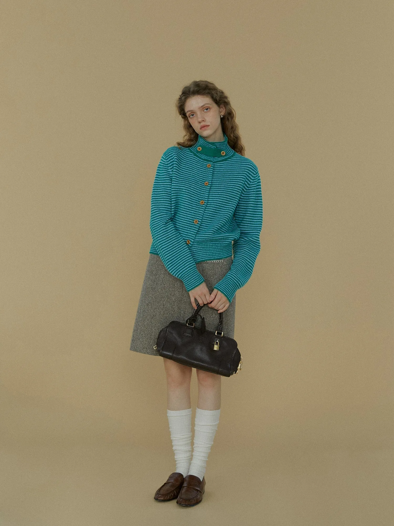 Striped Stand Collar Cardigan
