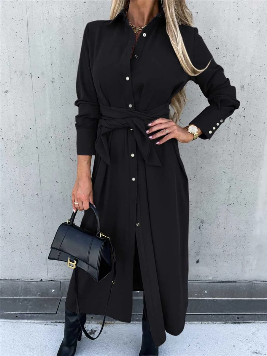Stunncal Long Solid Color Cardigan Long Sleeve Hem Dress