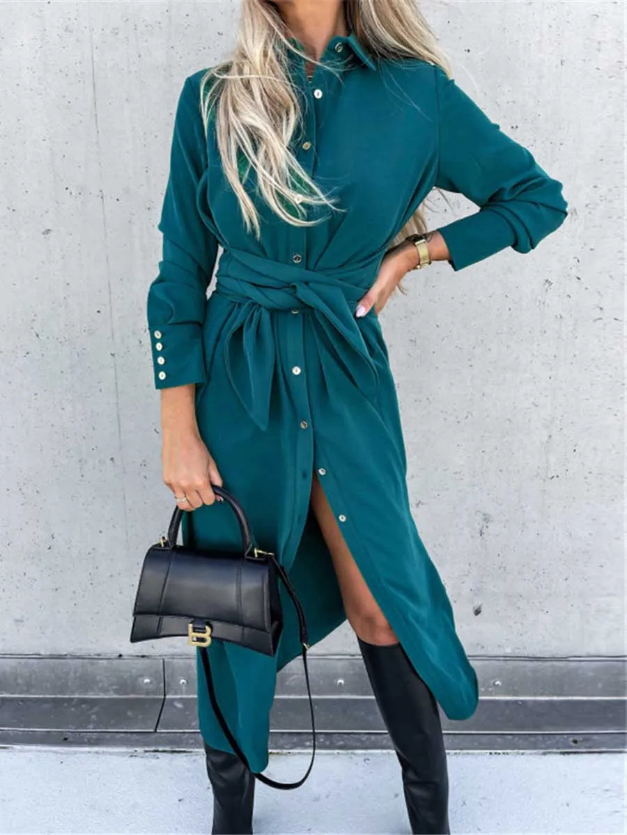 Stunncal Long Solid Color Cardigan Long Sleeve Hem Dress