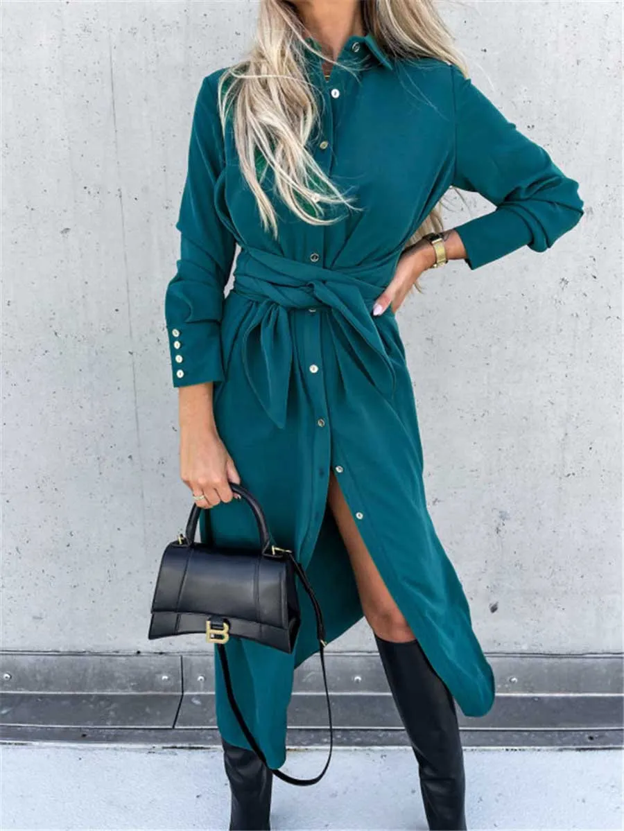 Stunncal Long Solid Color Cardigan Long Sleeve Hem Dress
