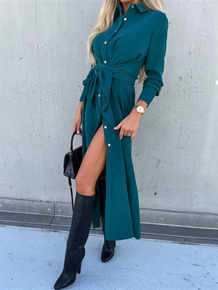 Stunncal Long Solid Color Cardigan Long Sleeve Hem Dress