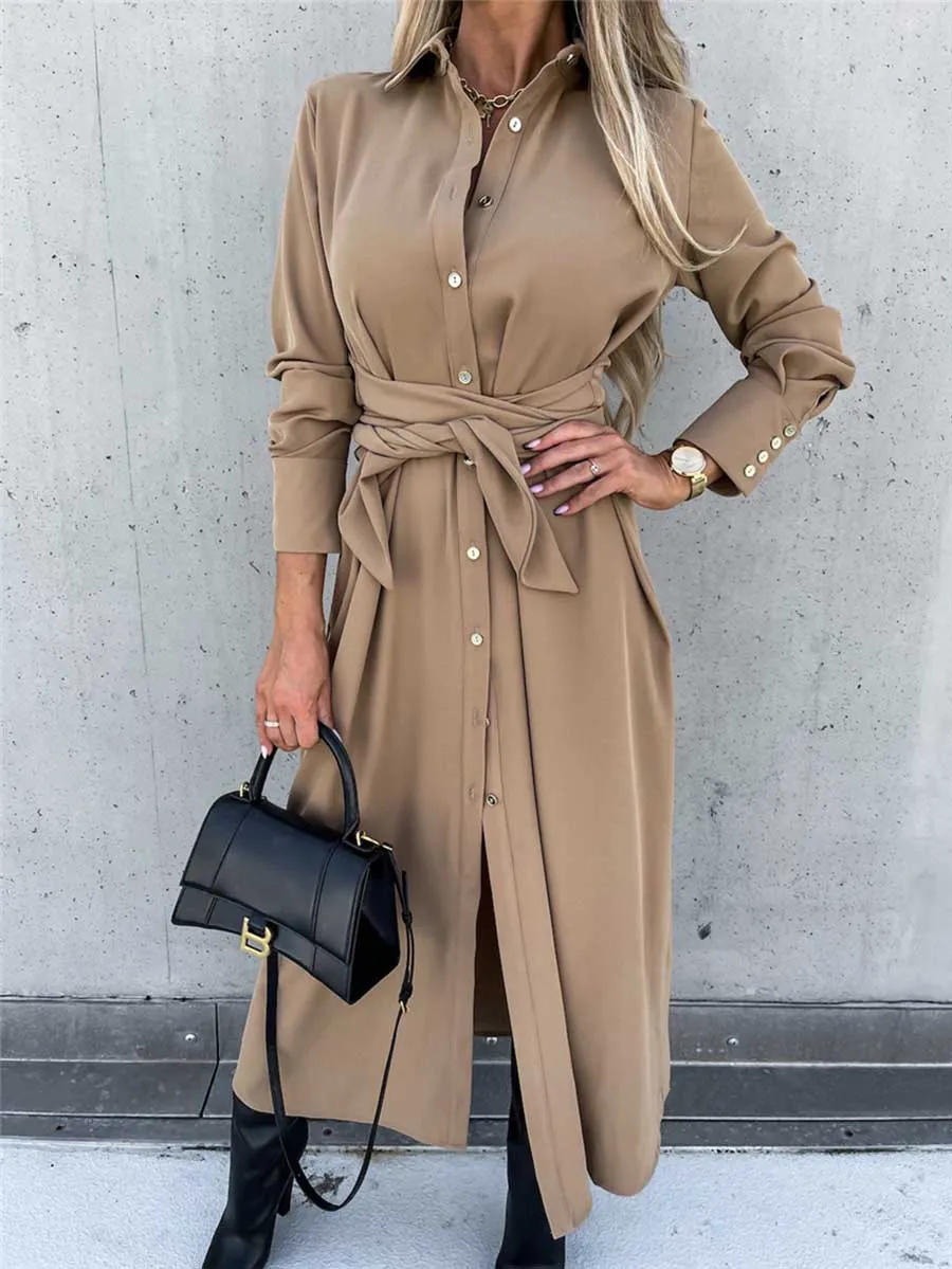 Stunncal Long Solid Color Cardigan Long Sleeve Hem Dress