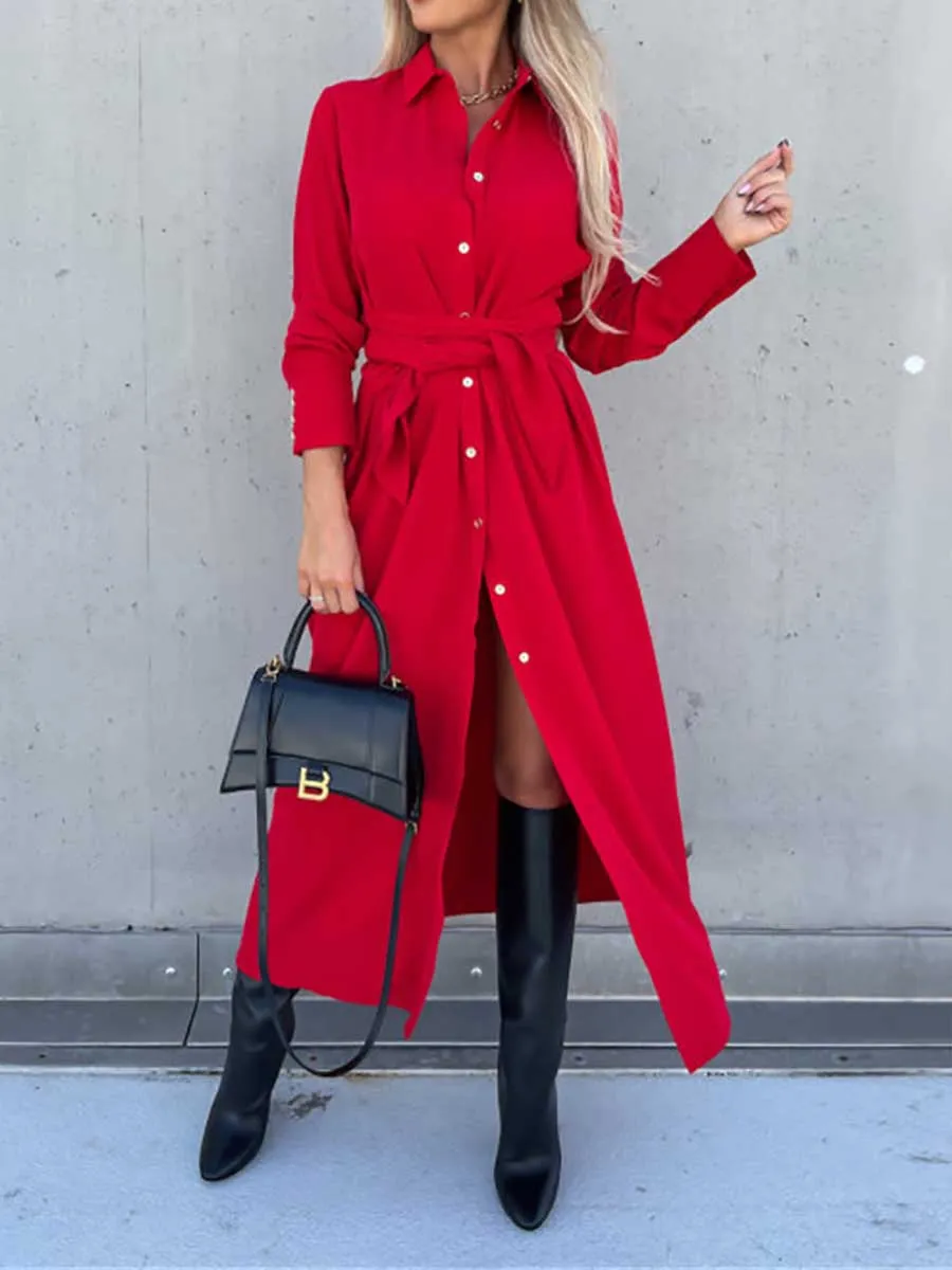 Stunncal Long Solid Color Cardigan Long Sleeve Hem Dress