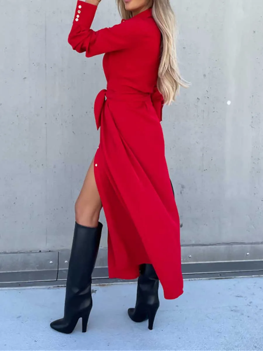 Stunncal Long Solid Color Cardigan Long Sleeve Hem Dress