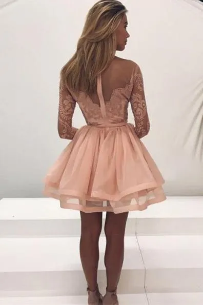 Stunning Lace Long Sleeves Illusion Short Cheap Homecoming Dresses 2018, BDY0293