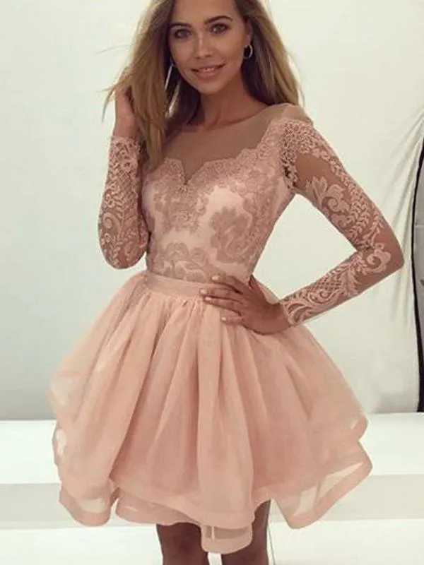 Stunning Lace Long Sleeves Illusion Short Cheap Homecoming Dresses 2018, BDY0293