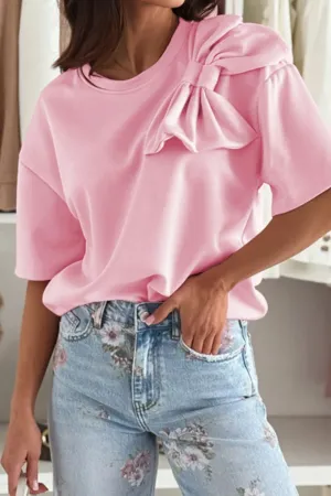 Stylish Bow Round Neck Short Sleeve T-Shirt for Women