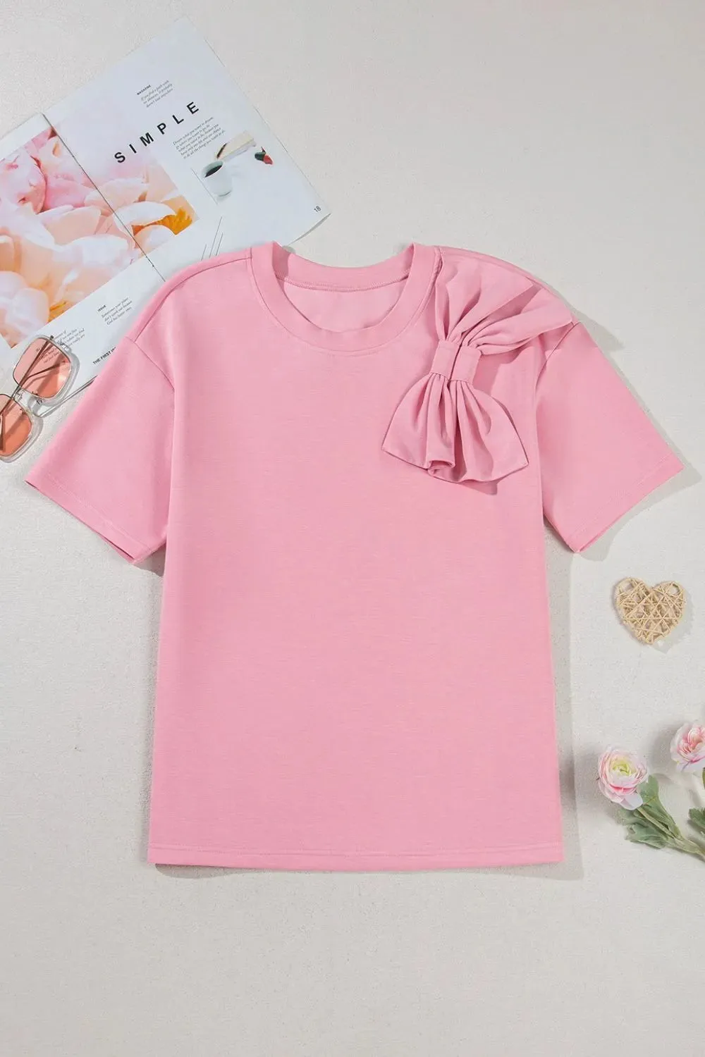 Stylish Bow Round Neck Short Sleeve T-Shirt for Women