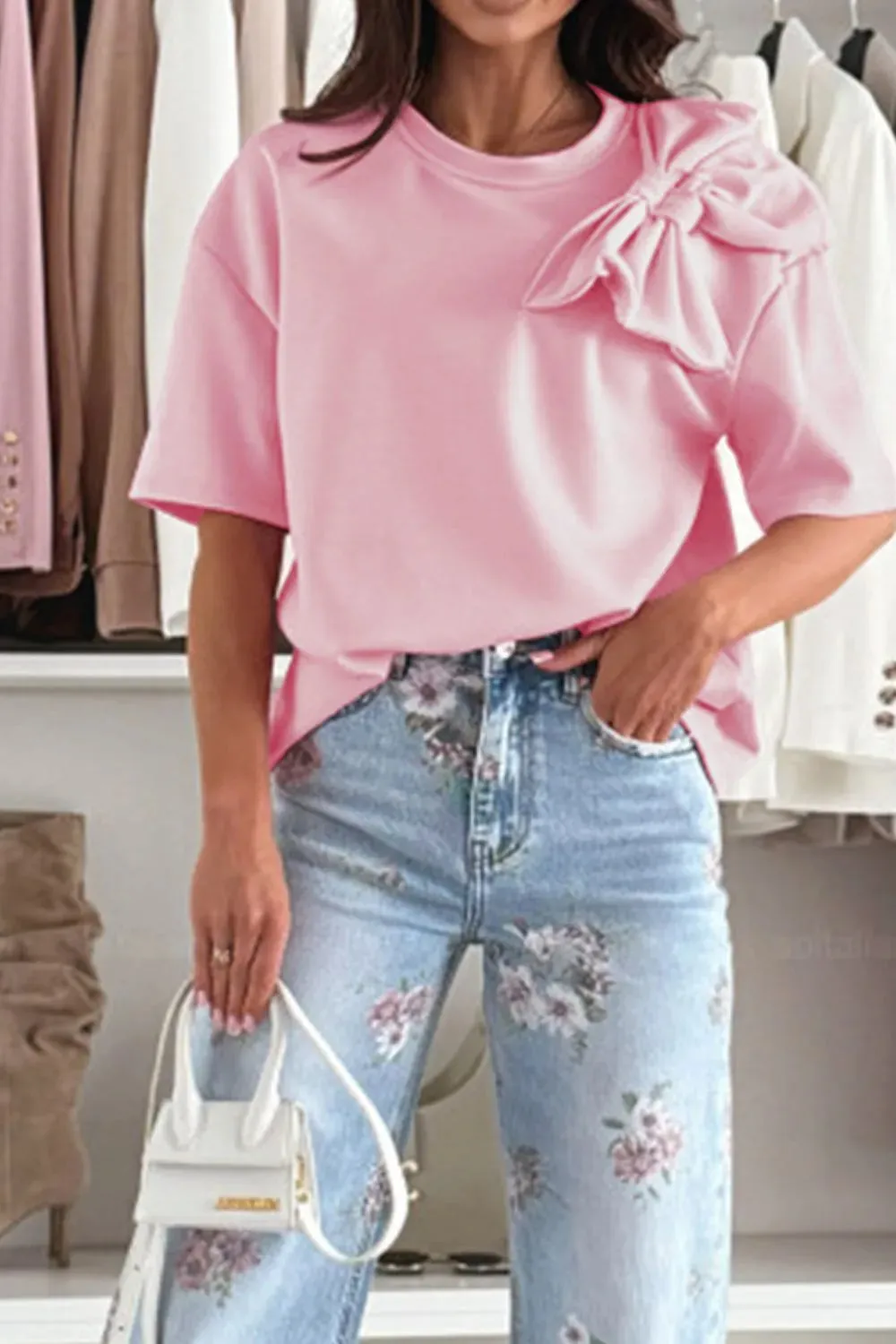 Stylish Bow Round Neck Short Sleeve T-Shirt for Women