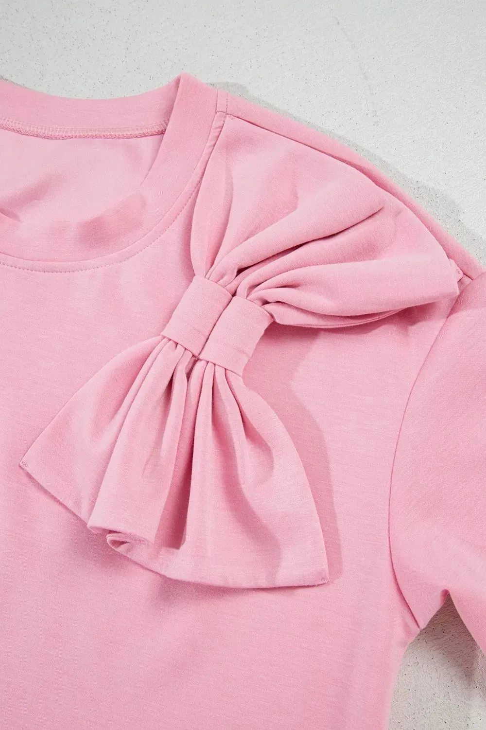 Stylish Bow Round Neck Short Sleeve T-Shirt for Women
