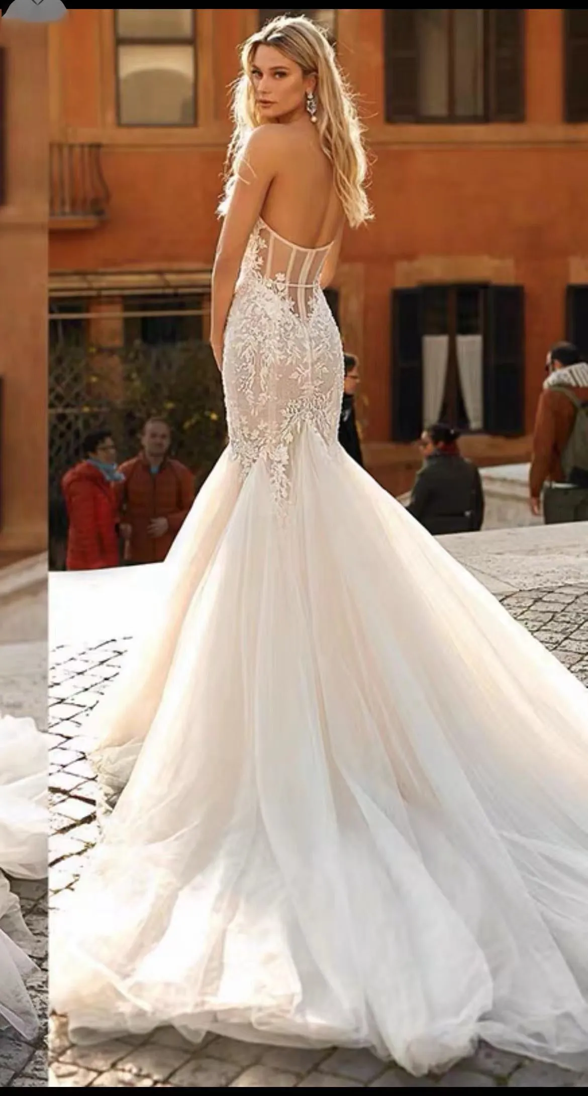 Sweetheart Lace Appliqued Tulle Mermaid Long Cheap Wedding Dresses, WDS0074