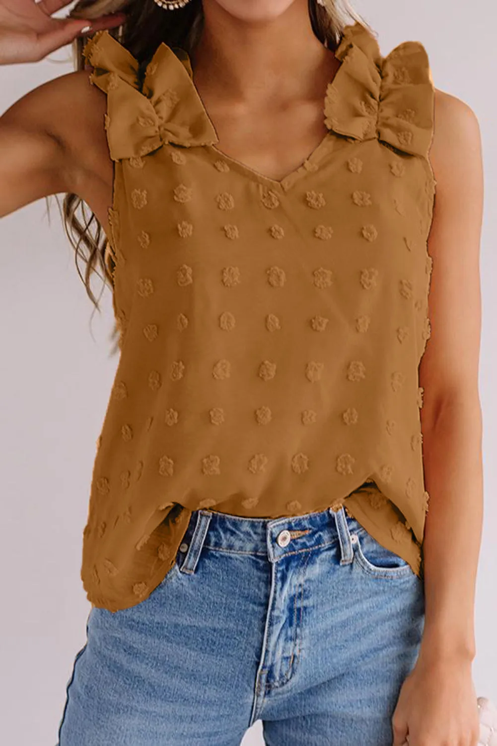 Swiss Dot Woven Sleeveless Top With Ruffled Straps
