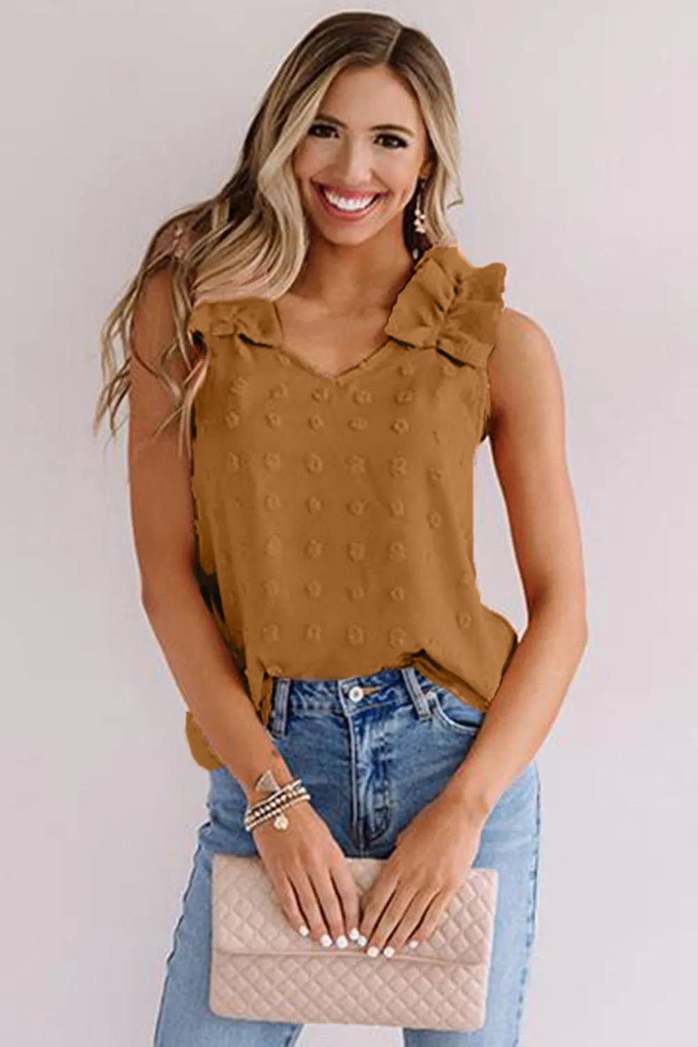 Swiss Dot Woven Sleeveless Top With Ruffled Straps