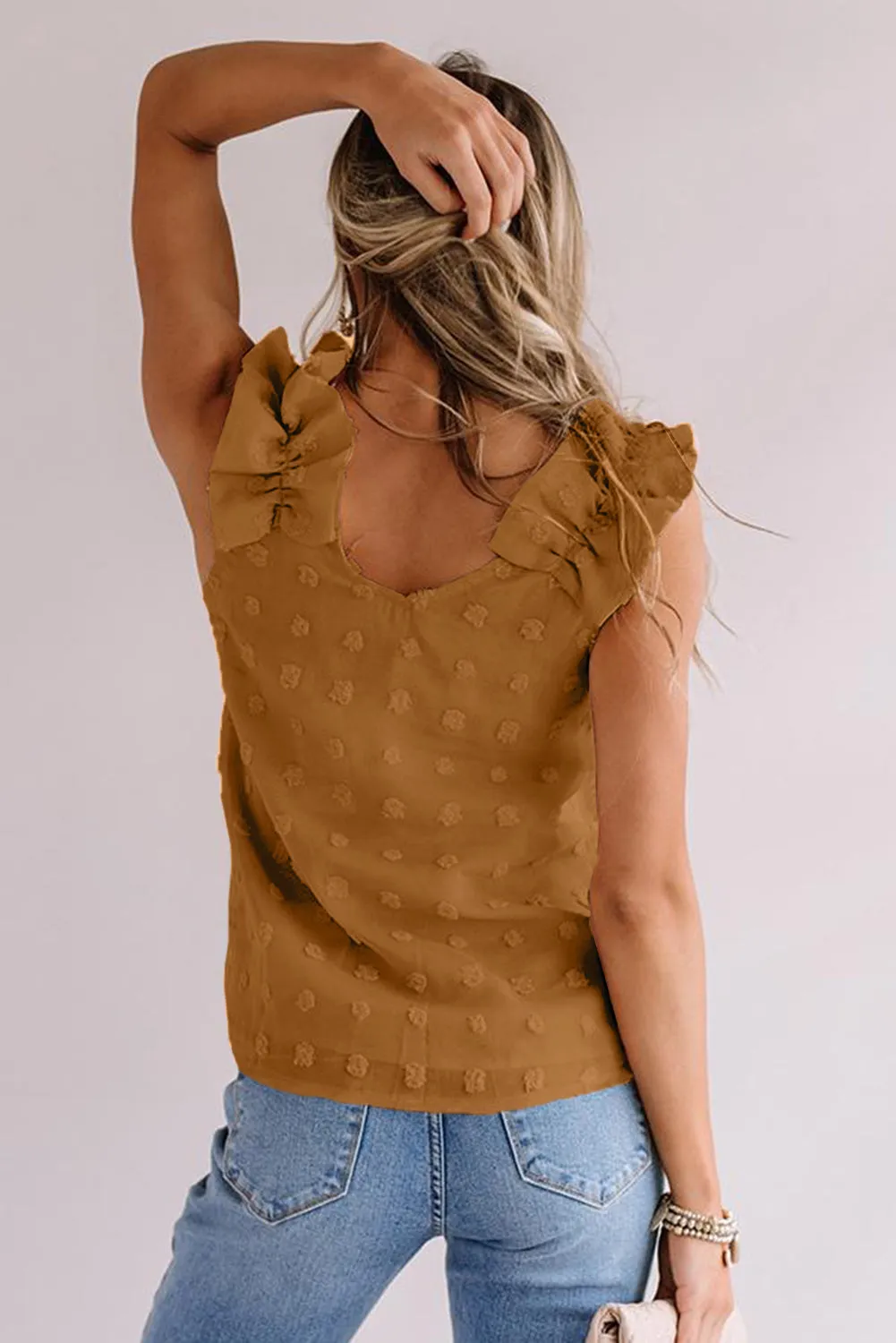 Swiss Dot Woven Sleeveless Top With Ruffled Straps