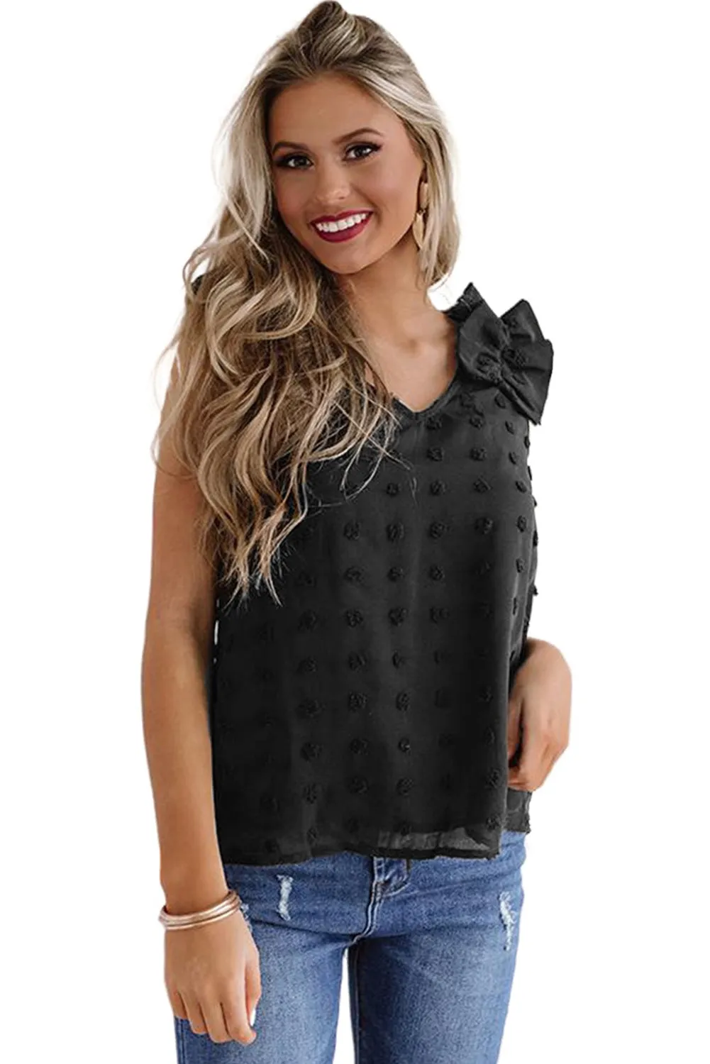 Swiss Dot Woven Sleeveless Top With Ruffled Straps