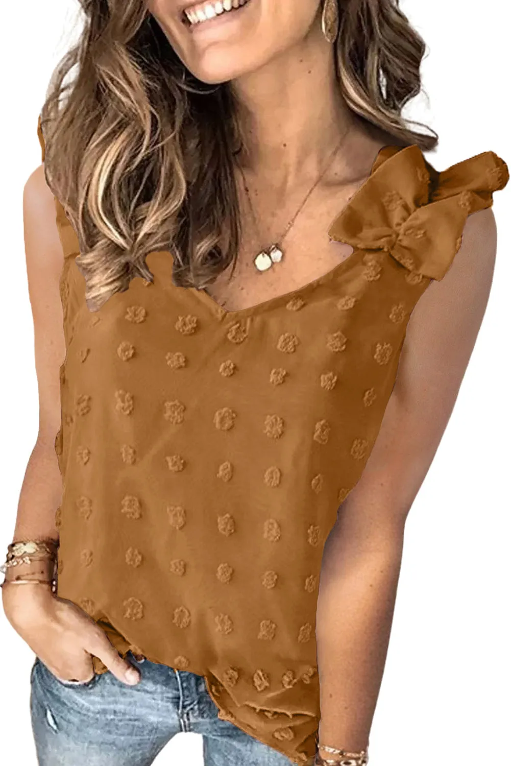 Swiss Dot Woven Sleeveless Top With Ruffled Straps