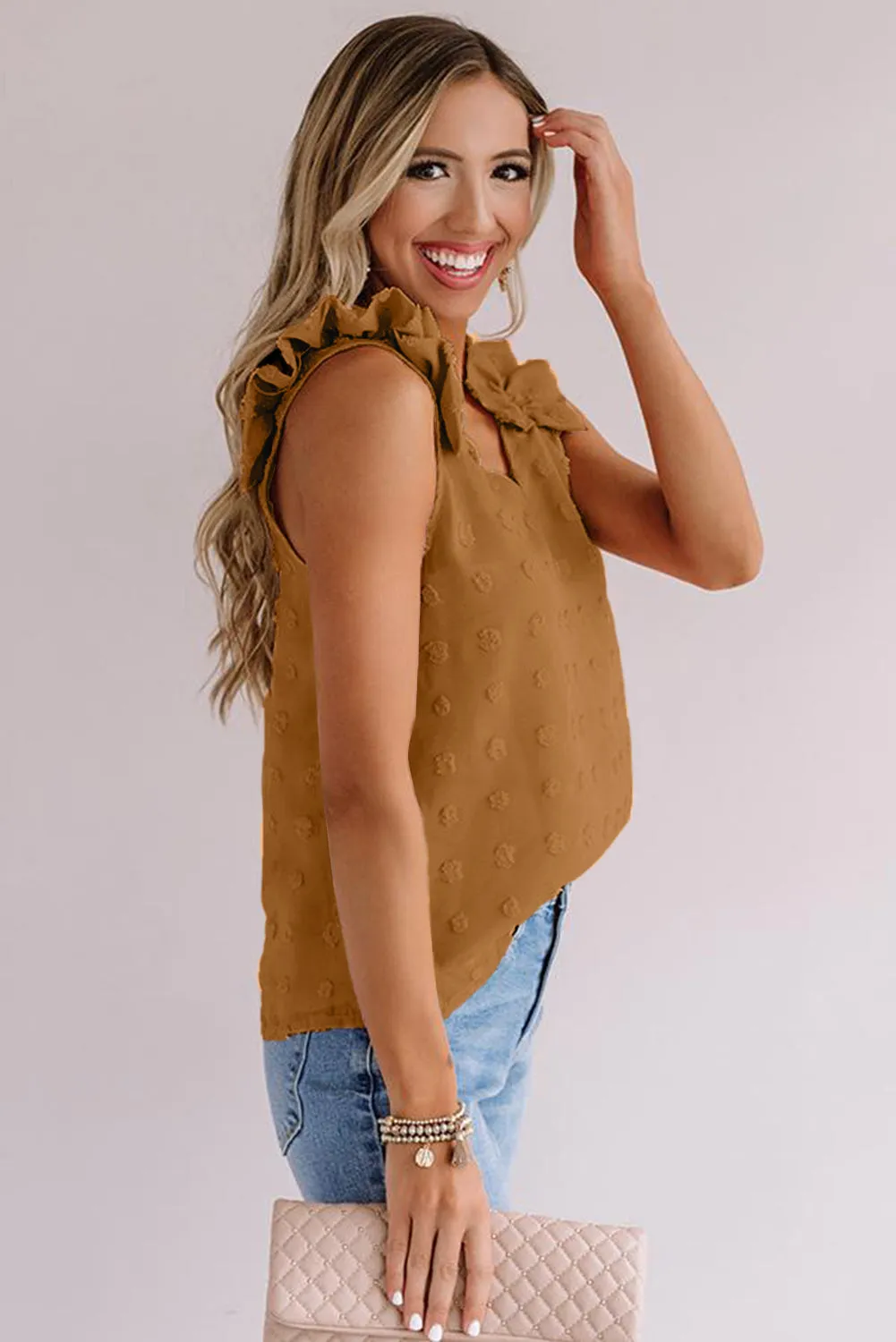 Swiss Dot Woven Sleeveless Top With Ruffled Straps