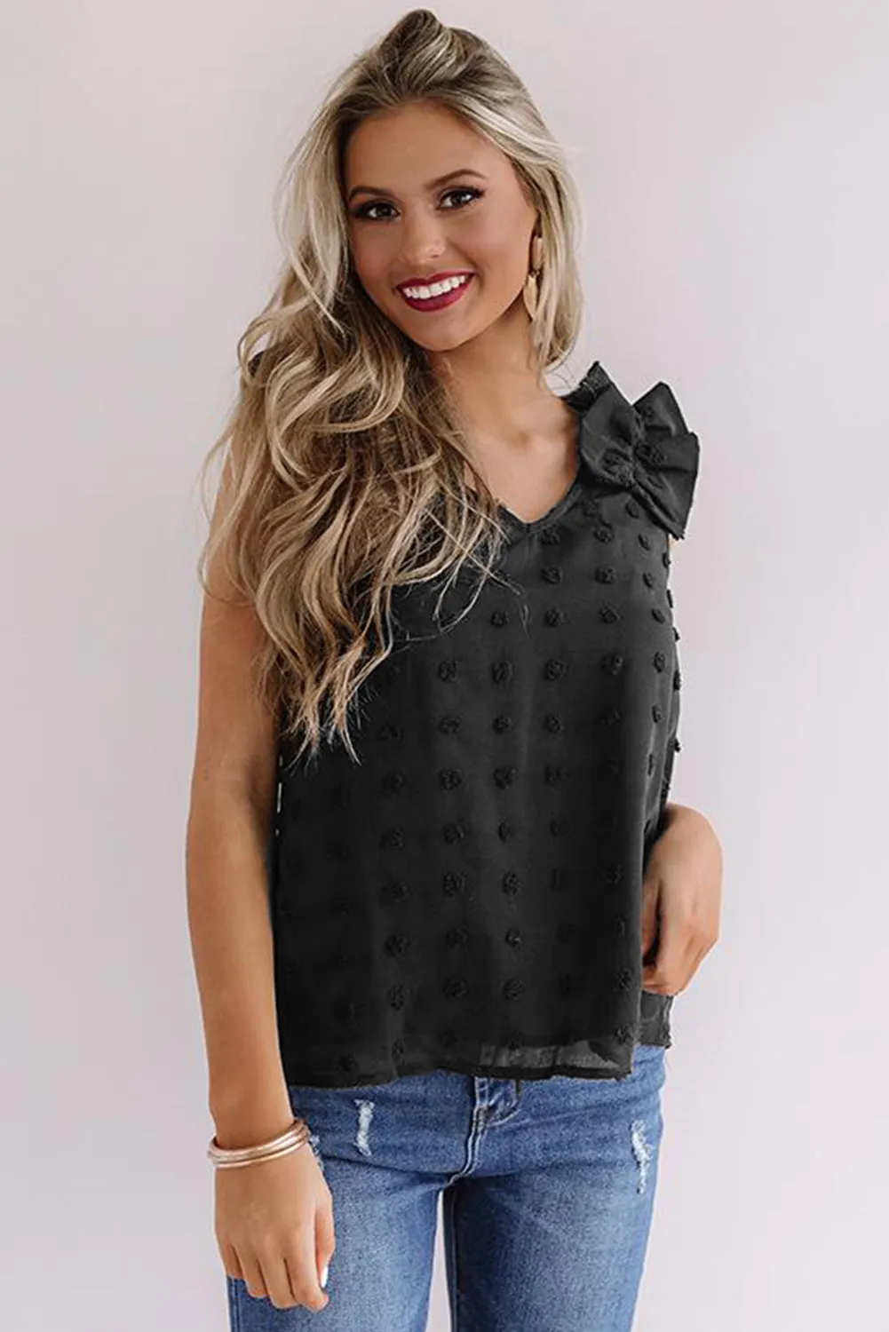 Swiss Dot Woven Sleeveless Top With Ruffled Straps