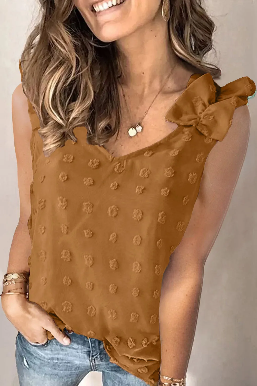 Swiss Dot Woven Sleeveless Top With Ruffled Straps