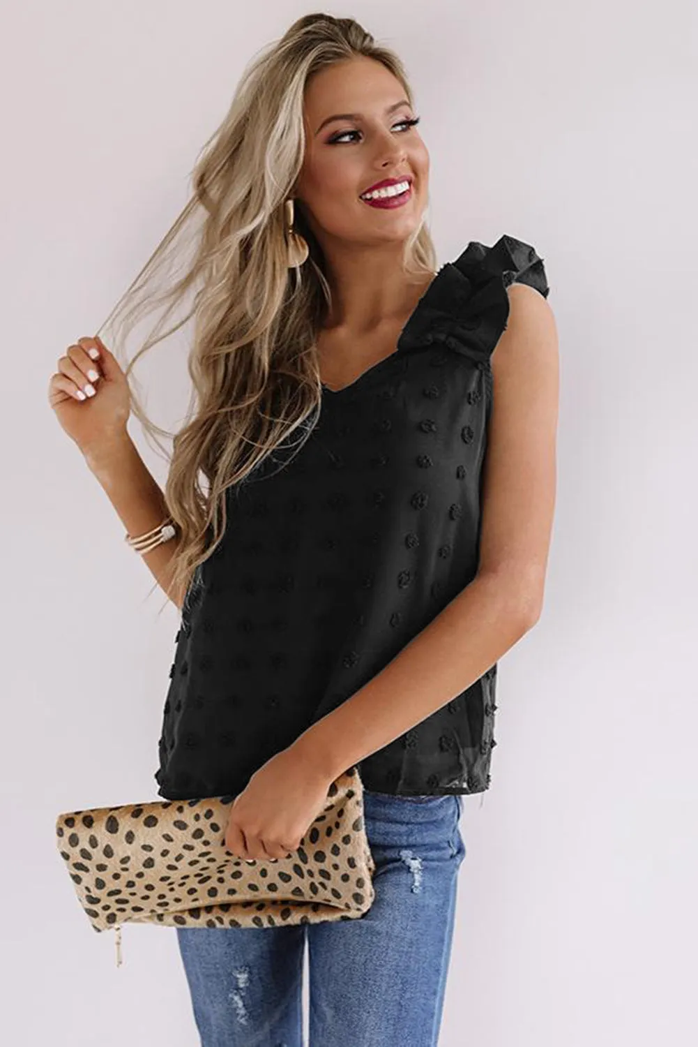 Swiss Dot Woven Sleeveless Top With Ruffled Straps