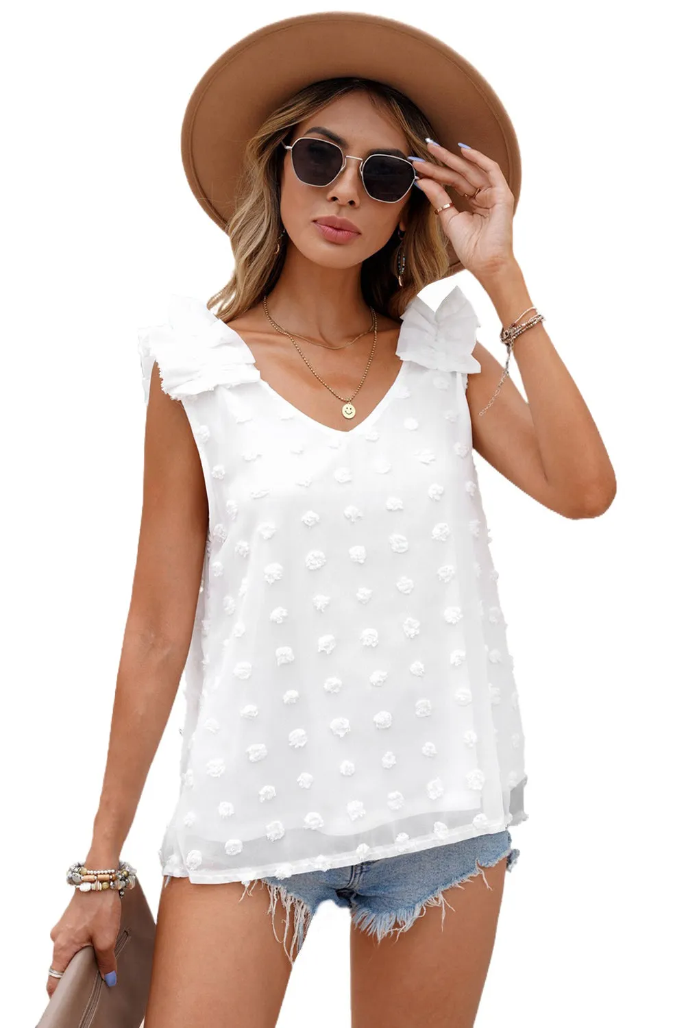 Swiss Dot Woven Sleeveless Top With Ruffled Straps
