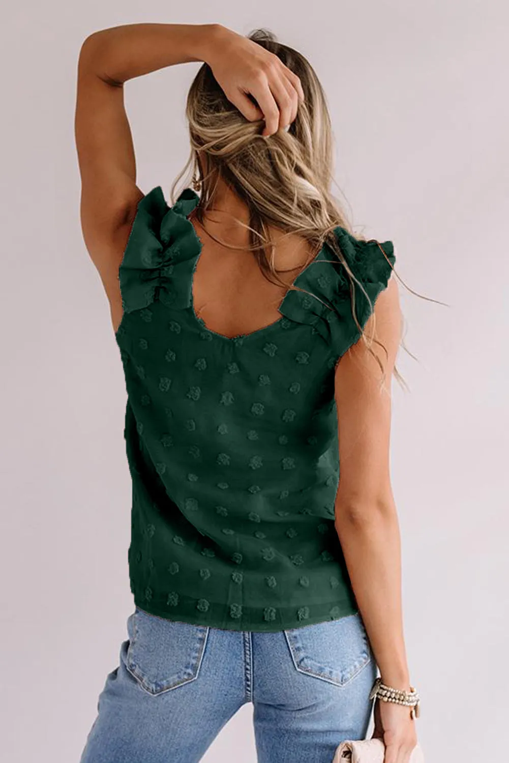 Swiss Dot Woven Sleeveless Top With Ruffled Straps