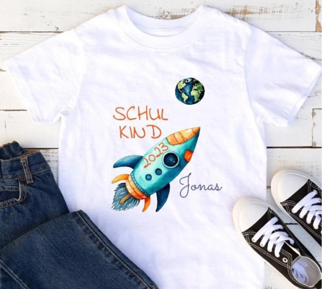 T-Shirt Schulkind Einschulung mit Name Rakete Junge personalisiert