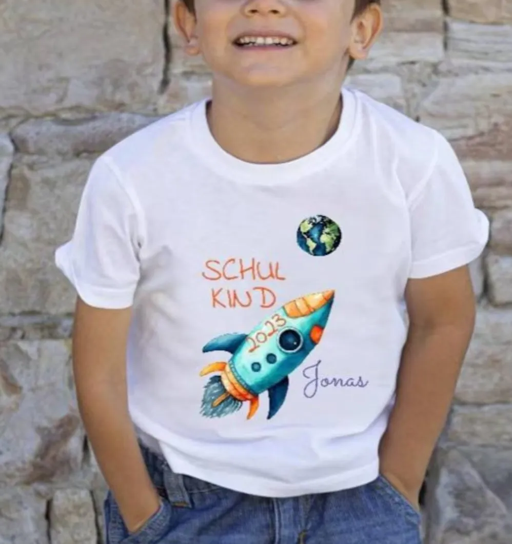 T-Shirt Schulkind Einschulung mit Name Rakete Junge personalisiert