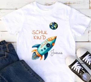 T-Shirt Schulkind Einschulung mit Name Rakete Junge personalisiert