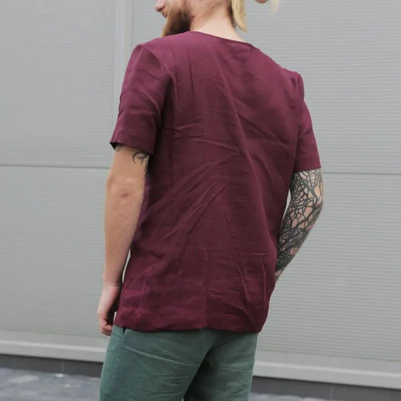 T-shirt uni en coton et lin à col rond vintage