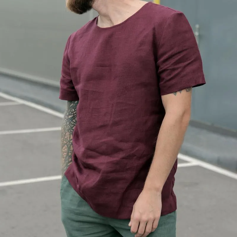 T-shirt uni en coton et lin à col rond vintage