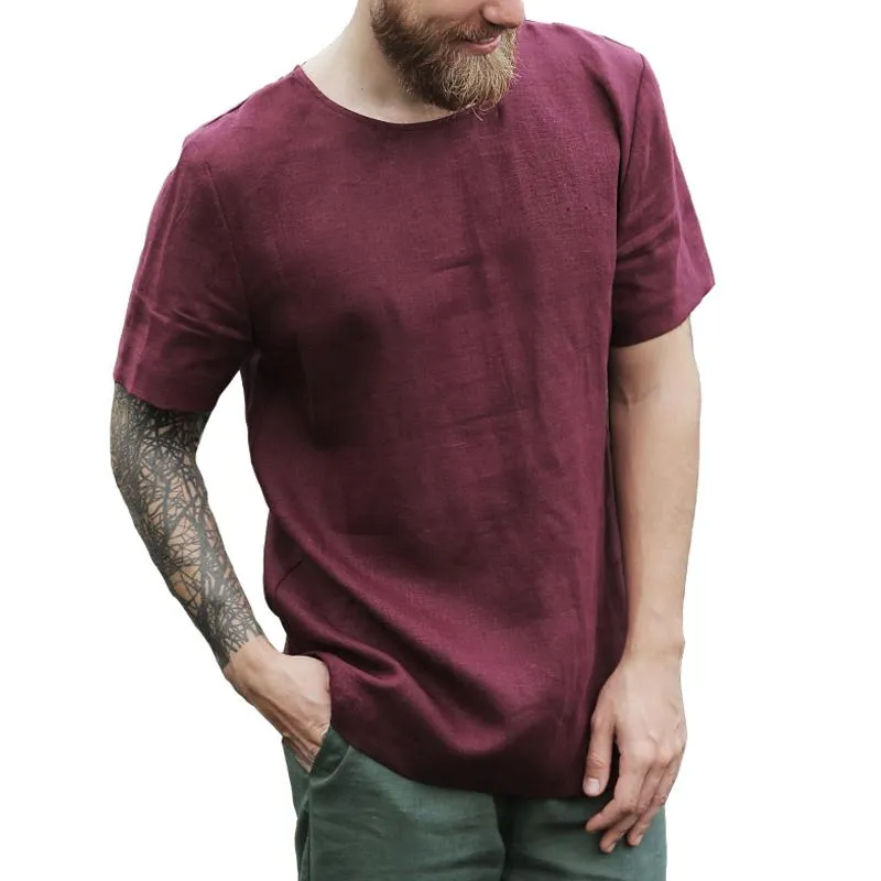 T-shirt uni en coton et lin à col rond vintage
