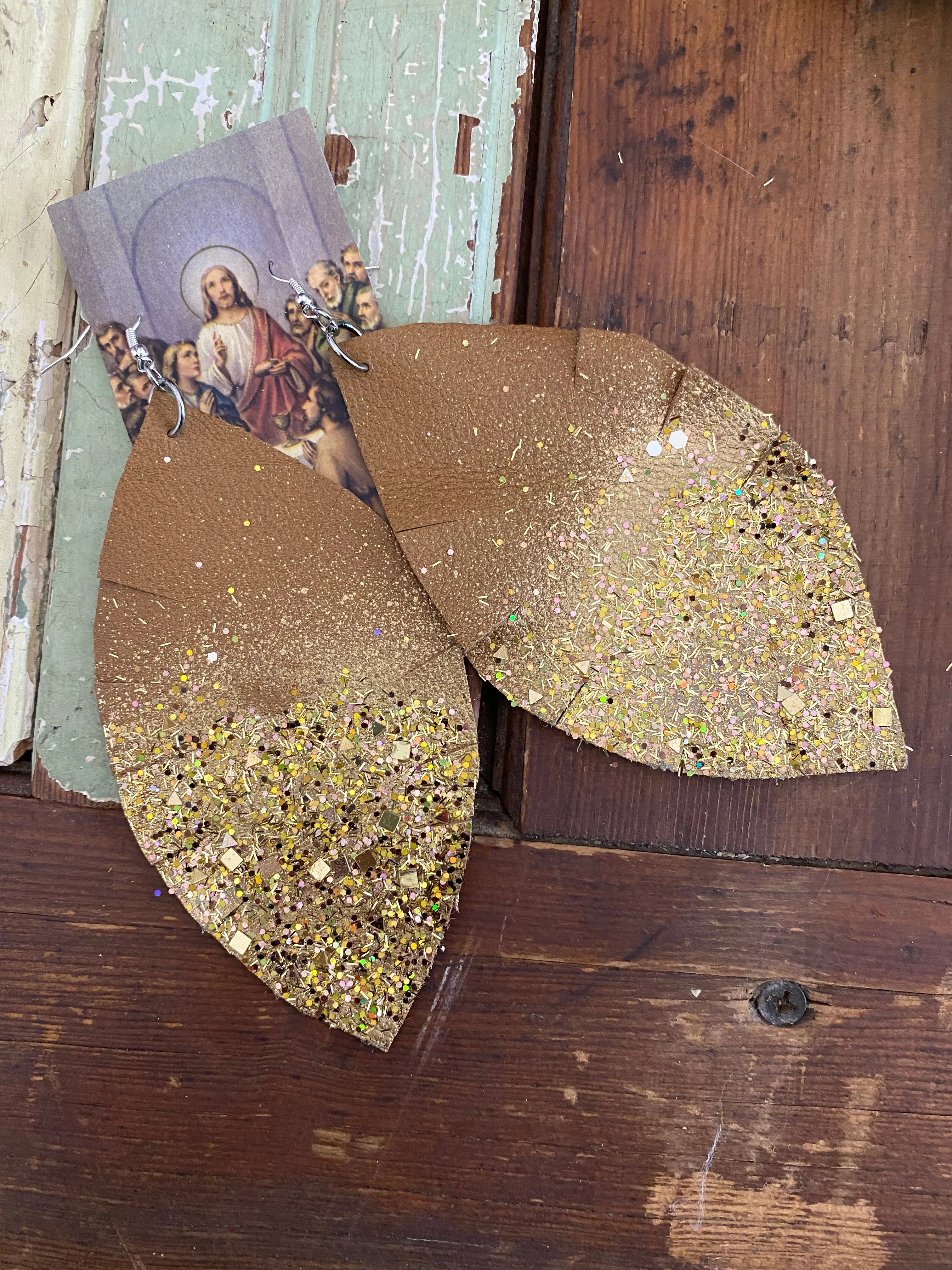 Tan and gold feather Statement Earrings