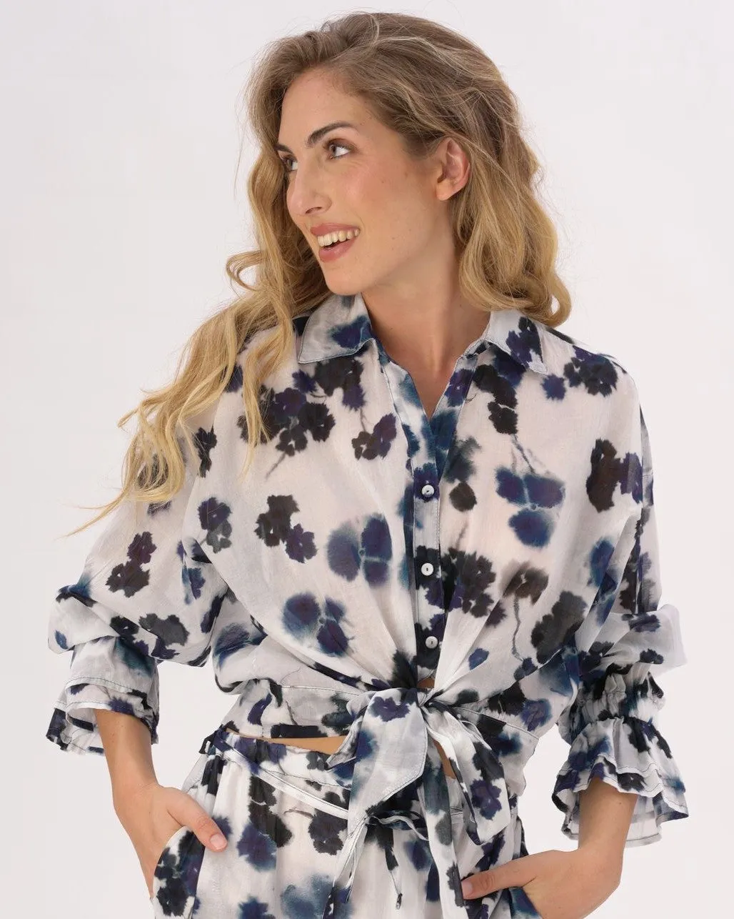 Tie Waist Button Up Watercolor Small Floral Shirt