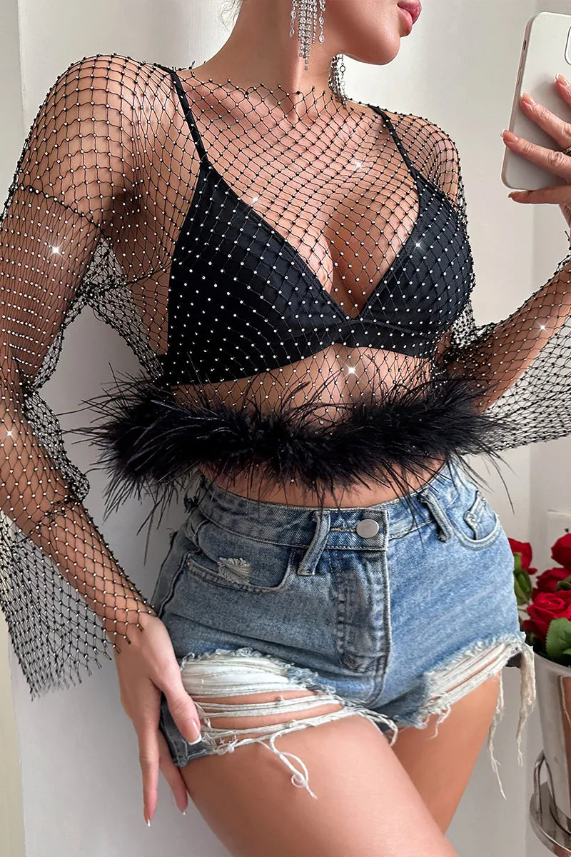 TQ3553 Feather Fishnet Shirt Top