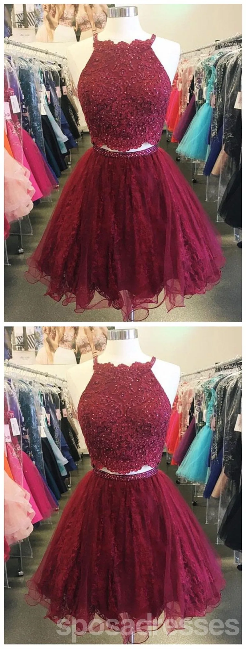 Two Piece Cheap Short Lace Beaded Dark Red Homecoming Dresses 2018, CM482
