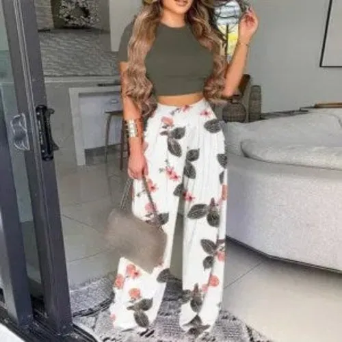 Two Piece Sets Elegant Print Short Sleeve Shirt Pullover   Wide Leg
