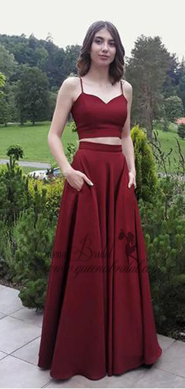 Two Pieces Burgundy Spaghetti Strap Long Cheap Prom Dresses, QB0462
