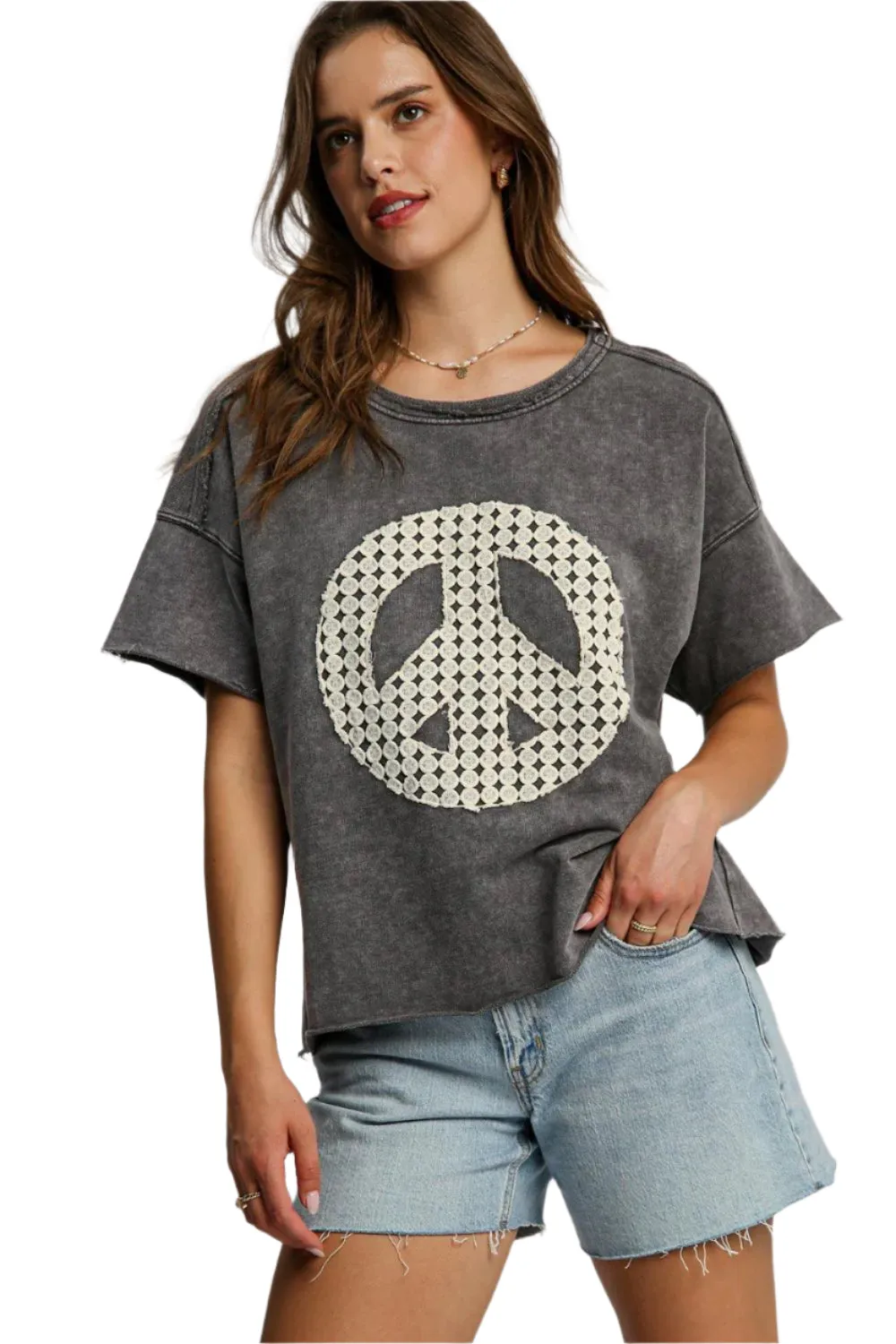 Umgee Mineral Wash T-Shirt with Lace Applique