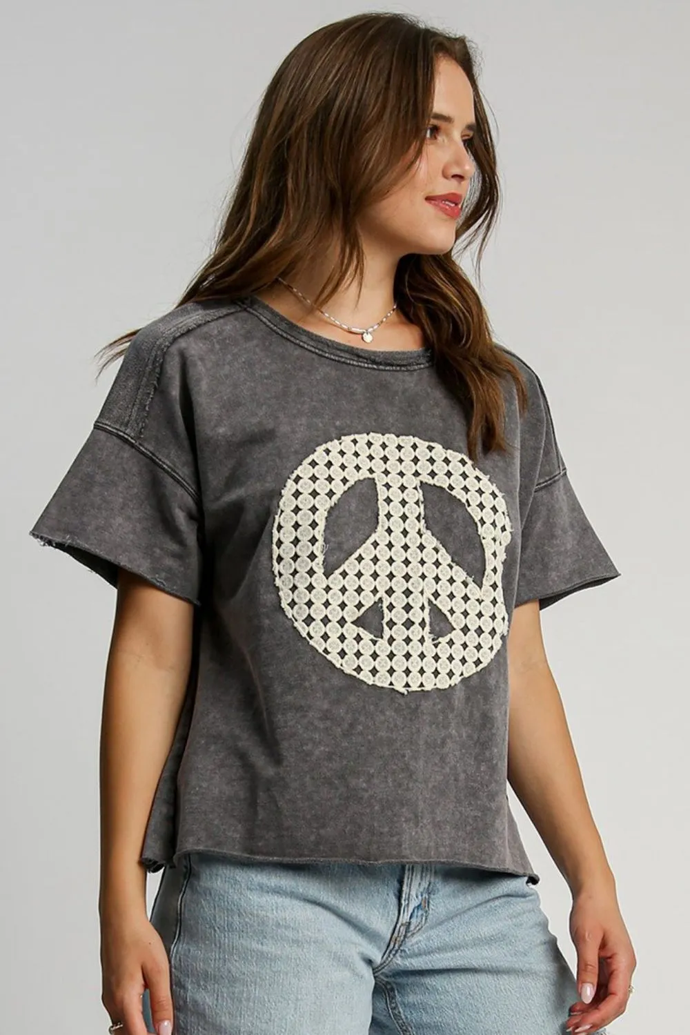 Umgee Mineral Wash T-Shirt with Lace Applique