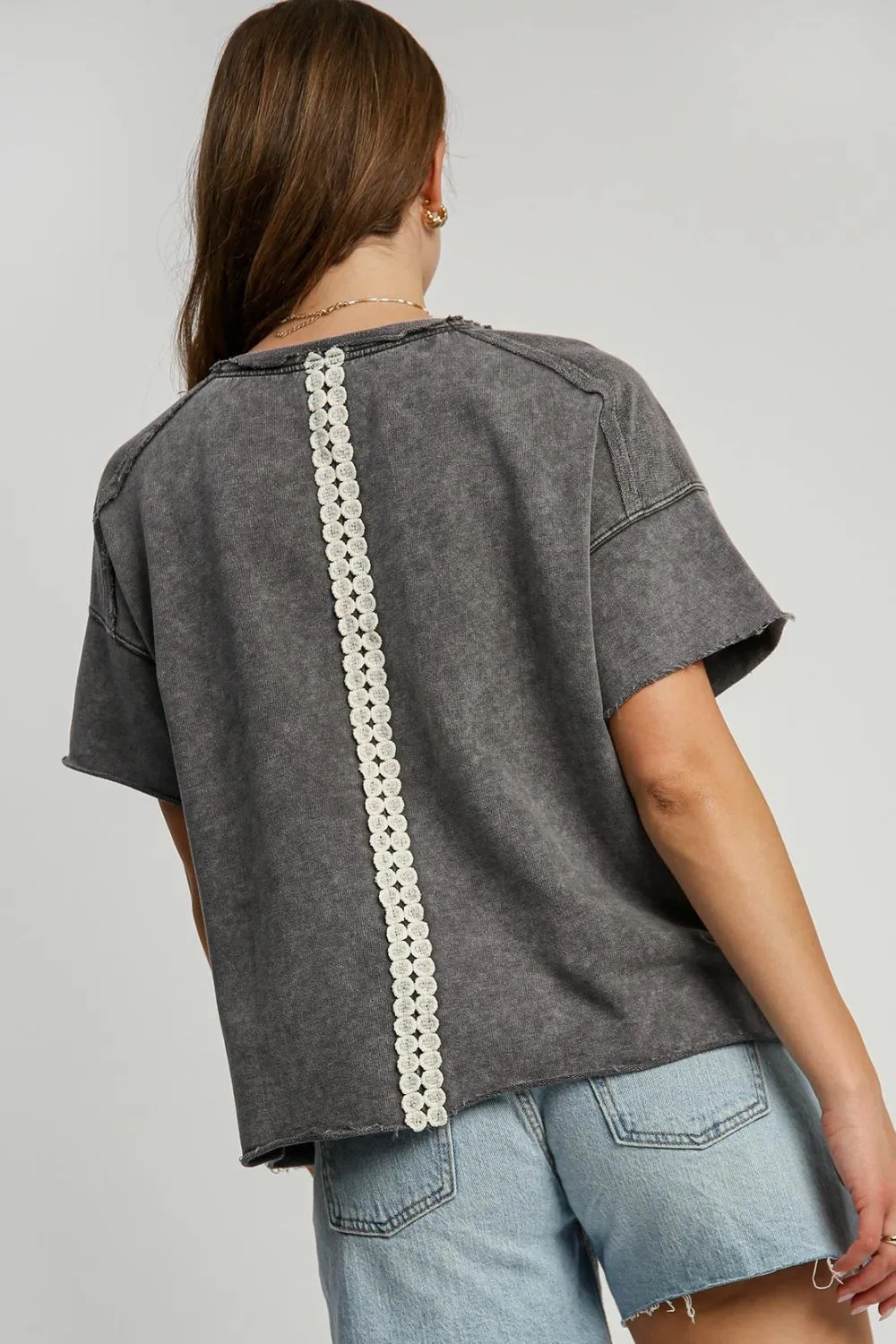 Umgee Mineral Wash T-Shirt with Lace Applique