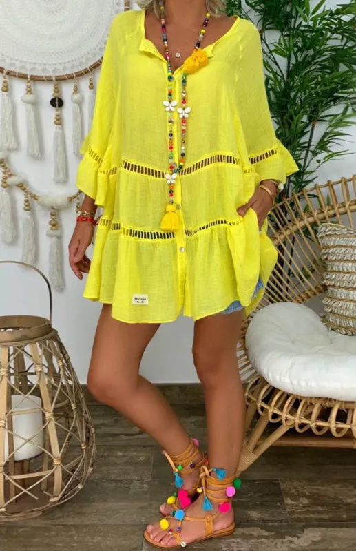 V-Neck Cotton Linen Dress with Cutout Details