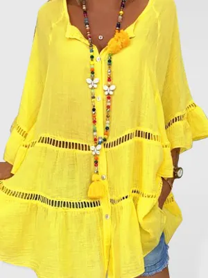 V-Neck Cotton Linen Dress with Cutout Details