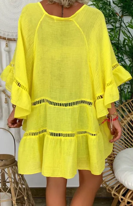 V-Neck Cotton Linen Dress with Cutout Details