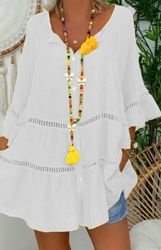 V-Neck Cotton Linen Dress with Cutout Details
