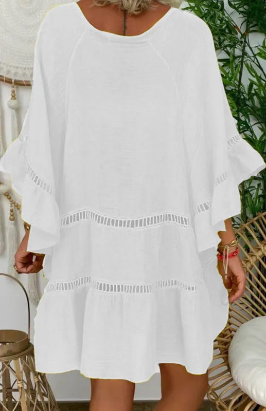 V-Neck Cotton Linen Dress with Cutout Details