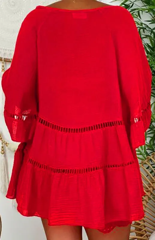 V-Neck Cotton Linen Dress with Cutout Details